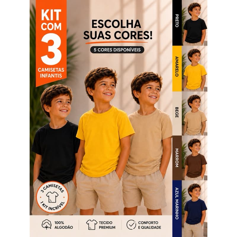 Kit 3 Camiseta Infantil Básica 100% Algodão Confortável para Crianças