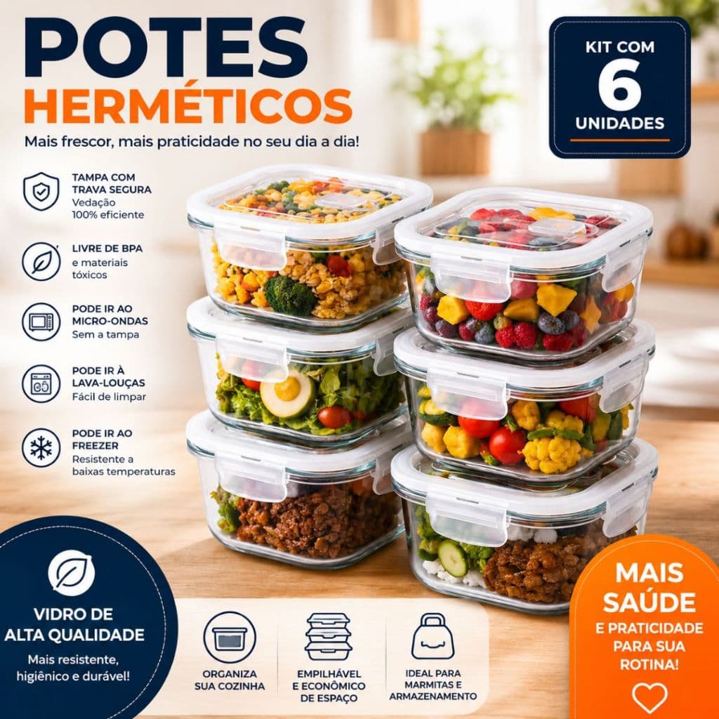 CONJUNTO COM 6 POTES  HERMETRICOS DE VIDRO 525 ML COM VALVULA E TRAVAS ANTIVAZAMENTOS KIT