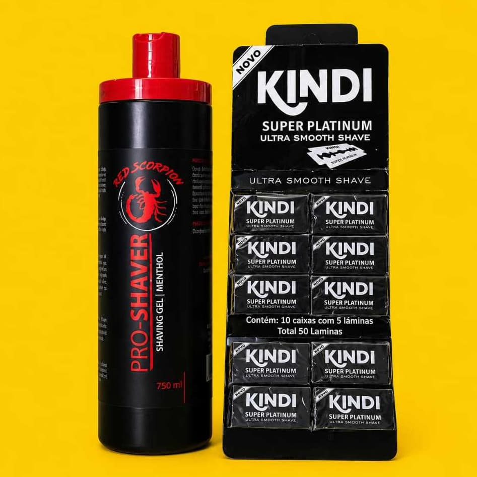 1 Shaving Gel  - Red Scorpion 750 ml + 1 Cartela de Lâmina KINDI com 50 UN