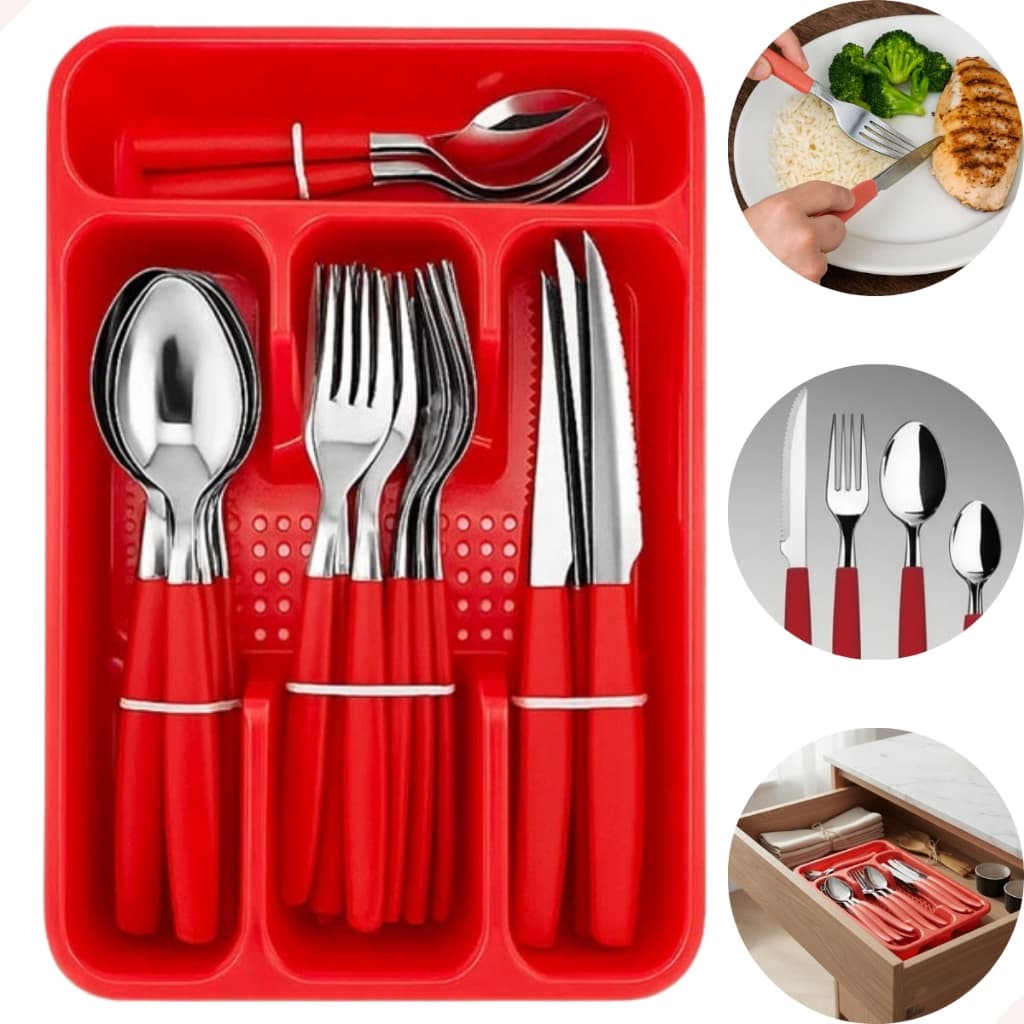 Faqueiro Jogo De Talheres Conjunto Inox Com Porta Talher 25 Peças Cor Vermelho Garfo Faca Colher
