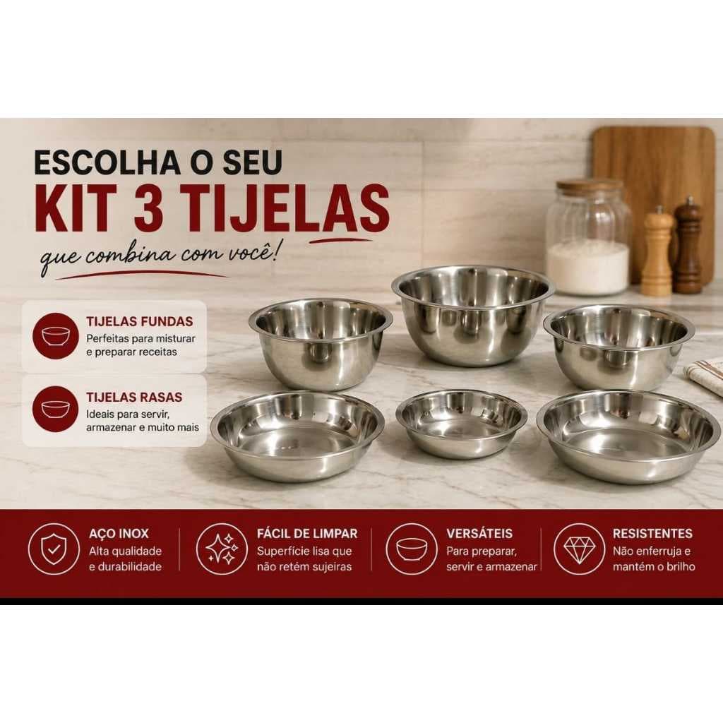 Conjunto de 3 tijelas bowls em inox premiun, saladeira misturador e multiuso
