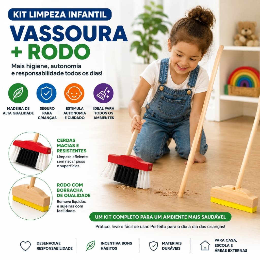 Kit Limpeza Infantil Brinquedos Vassoura e Rodo Mini Vassourinha e Rodinho pra Faxina
