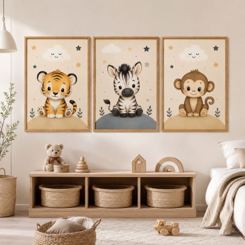 Quadro Decorativo Infantil Safari 3 Peças | tigre, zebra e macaco Animais da Selva | Quarto de Bebê Sem Moldura