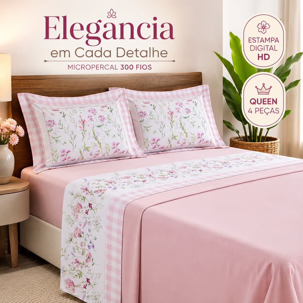 Jogo de Lençol Queen 4 Peças Micropercal 300 Fios Estampa Floral Lily com Elástico