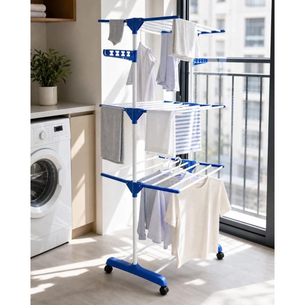Varal de Chão Dobrável 3 Andares - Reforçado e Mais Resistente - Varal de Roupas Vertical Grande Retrátil