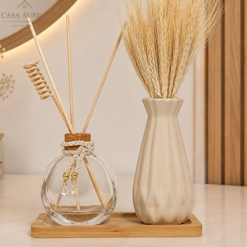 Kit Decorativo Luxo Sala Lavabo Suíte Escritório Difusor de Aromas Vaso com Trigo Bandeja Bambu.
