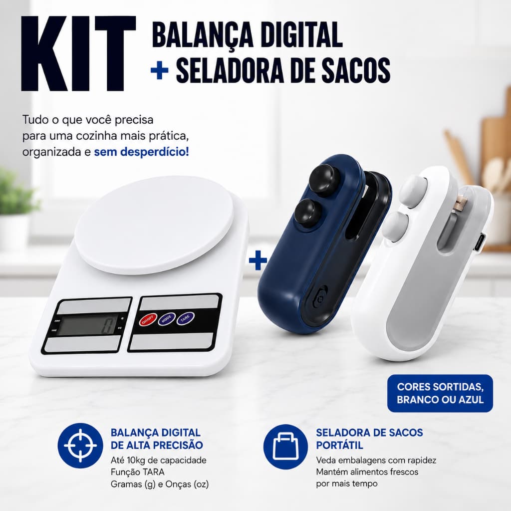 Kit Cozinha Com Balança Digital Alta Precisão 10kg + Seladora de Embalagens Portátil Alimentos Frescos Kit Completo