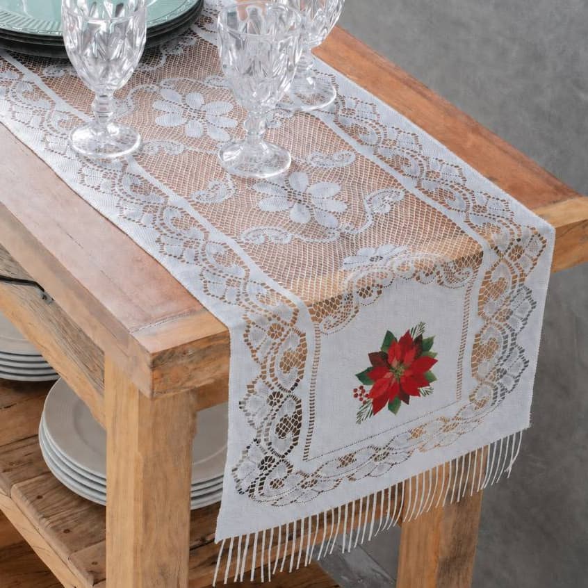Caminho de Mesa Renda Branca Estampada 1,50×0,40m Flores / Costela De Adão