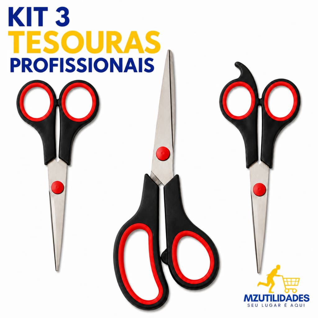 Kit 3 Tesouras Profissional Titânio Multiuso Aço Inox Corte Costura Escritório Artesanato Escolar Cores Sortidas