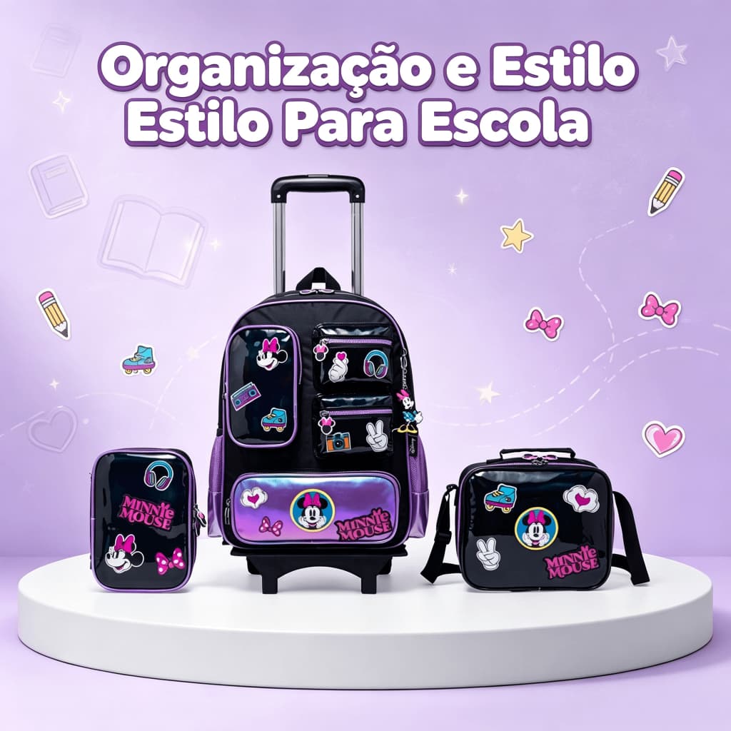 Kit Mochila Lancheira Estojo Minnie Escolar Rodinha Infantil Menina Disney