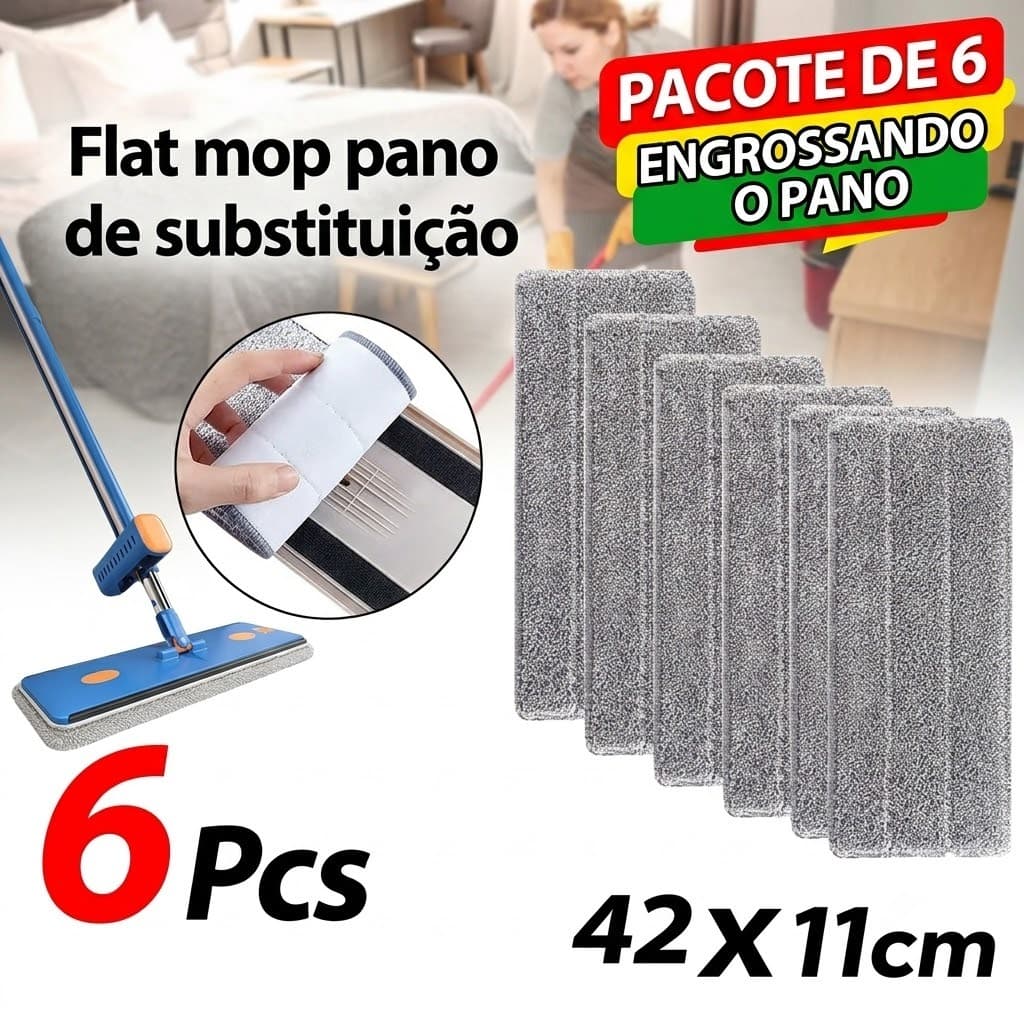 Refil Pano Mop Plano Microfibra Velcro 42cm x 11cm Kit 6 Peças Para Rodo Mop Lava e Seca
