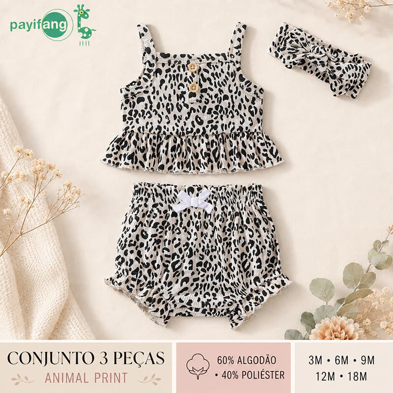 Payifang Conjunto Bebê Menina 3 Peças Animal Print 60% Algodão 40% Poliéster Blusa Short Faixa 3M a 18M