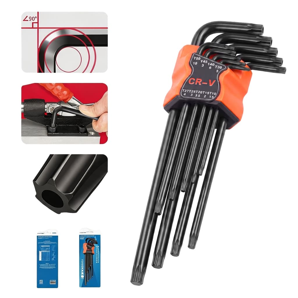 Kit chave torx de aço hexagonal L ferramentas mecânicas 9 peças T50 a T10 10mm a 1,5mm bicicleta e consertos