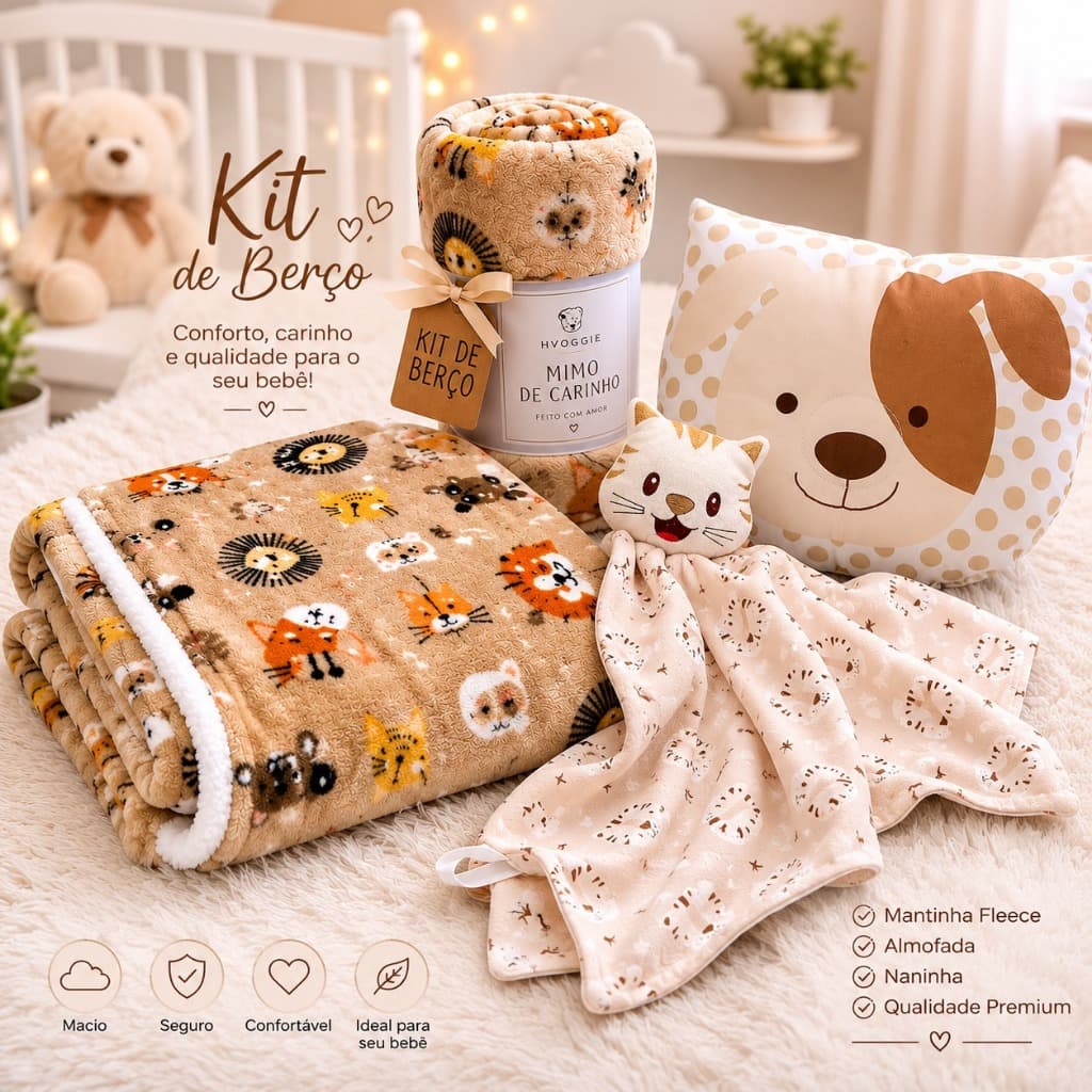 Kit Bebê Mantinha Microfibra + Naninha + Travesseiro Anatomico Animais Presente Menino Menina