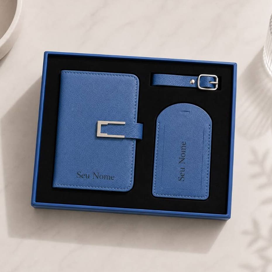 Kit Viagem Personalizado Nome 2 Peças Porta Passaporte e Tag Mala Carteira, Documentos, Cartão em Couro