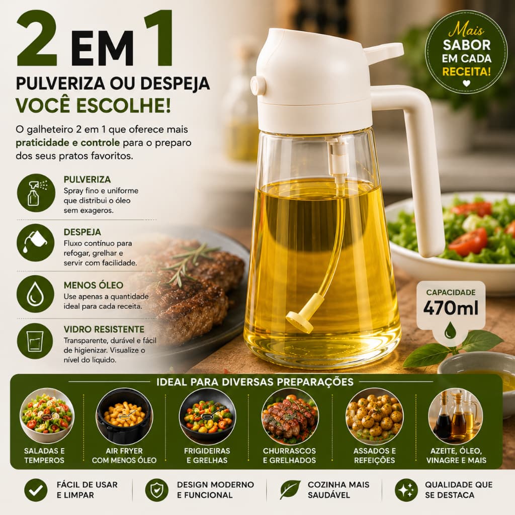Galheteiro Spray 2 em 1 470ml Borrifador de Azeite Óleo Vinagre Vidro para Cozinha