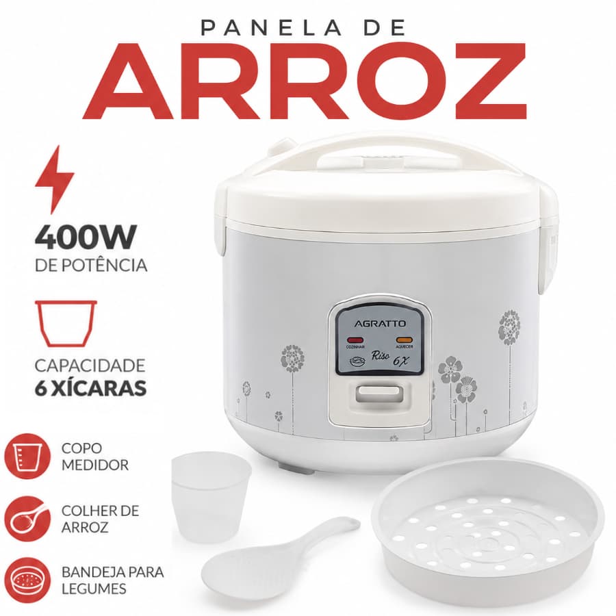 Panela De Arroz E Legumes 127V Capacidade 6 Xicaras Timer De Desligamento Automatico 400W