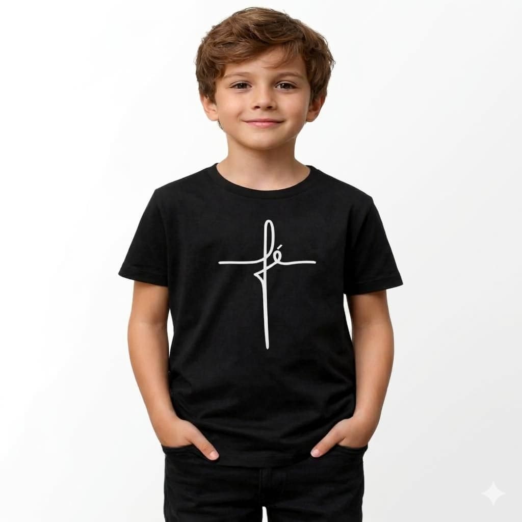 Camiseta Infantil Fé Cruz Estampa DTF Algodão Menino Menina