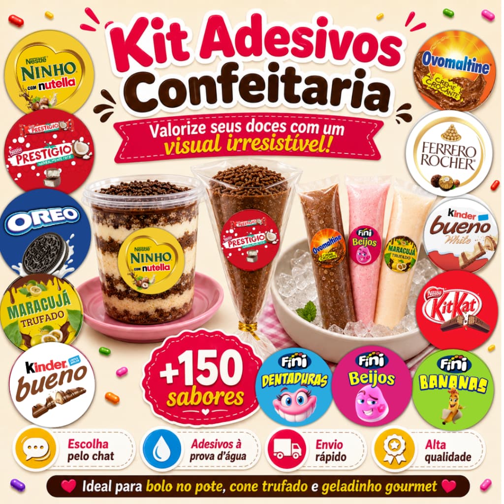 Kit Adesivos Sabores 3x3 Bolo No Pote Cone Trufado Geladinho Gourmet Confeitaria Doces Etiquetas