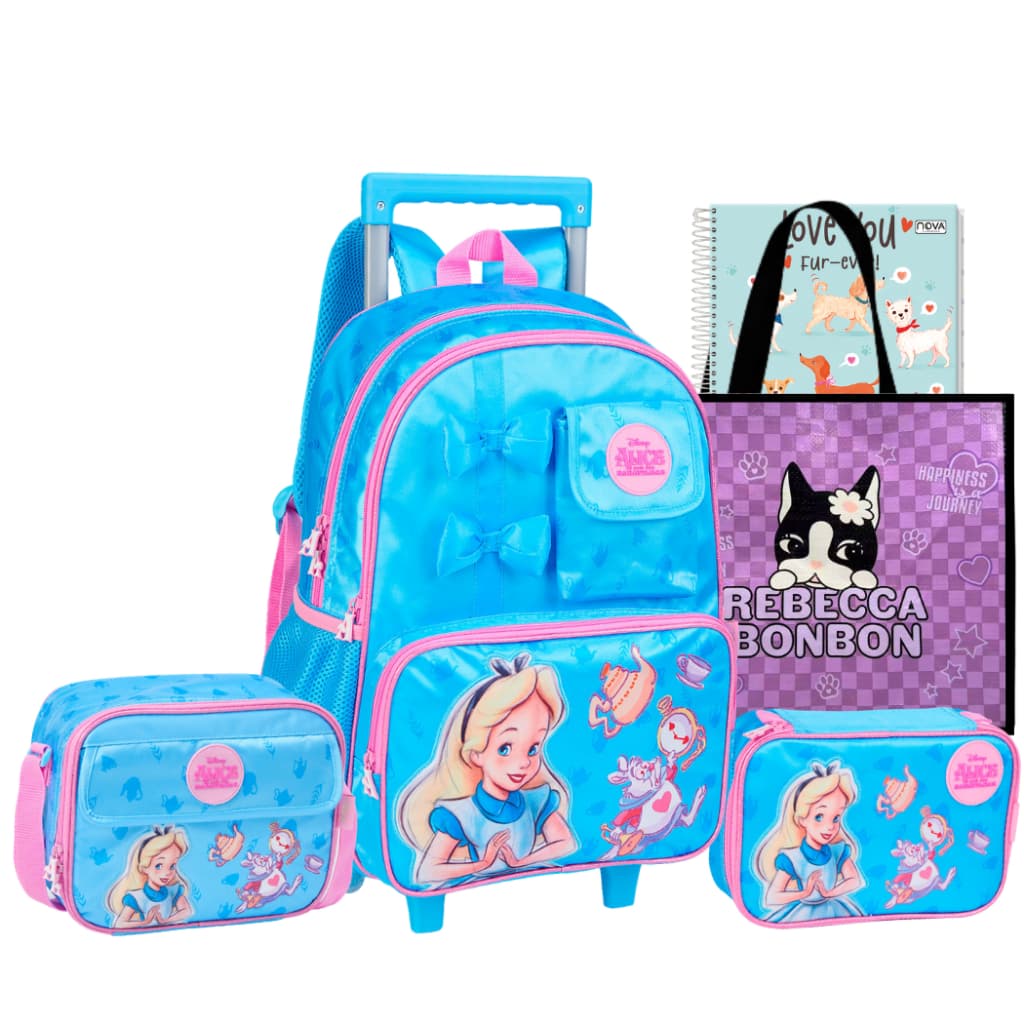 Kit Mochila Infantil Alice Rodinhas Lancheira Estojo Escolar Completo Rosa Menina Disney Fofo Cute Bunny