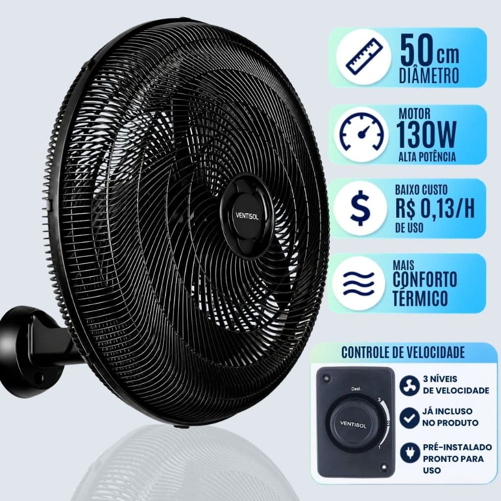 Ventilador de Parede 50cm 110v 220v Ventisol New 3 Pás Potente 130w Ideal Para Igreja Academia Loja