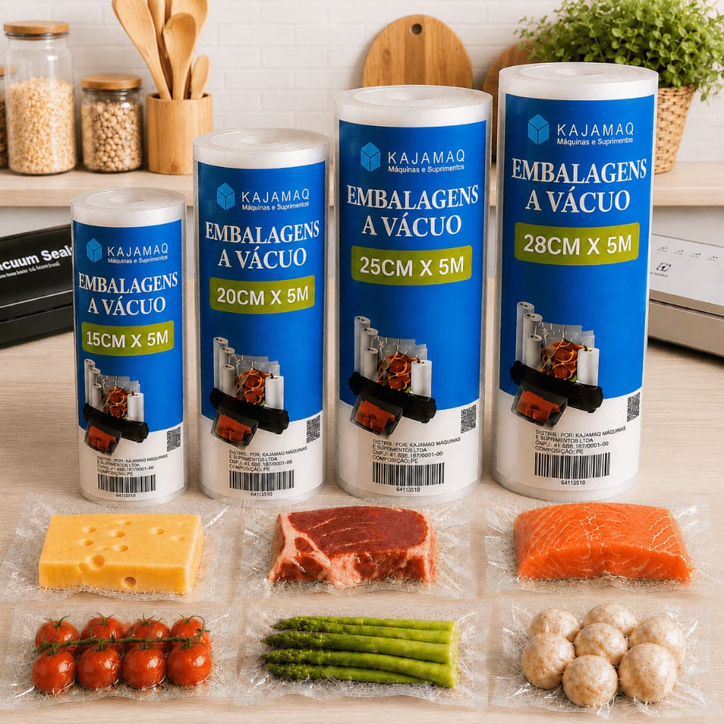 Kit Rolos Bobina Gofrada De Saco Para Seladora A Vacuo Ranhuras Preta e Transparente Para Armazenar Alimento Freezer