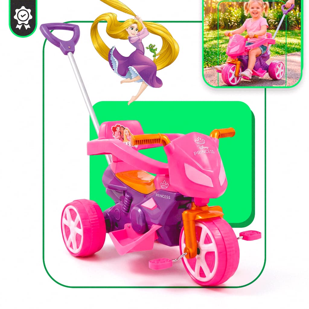 Triciclo Infantil Com Empurrador Princesas Carrinho De Passeio Haste Pedal Motoca Menina Até 25kg