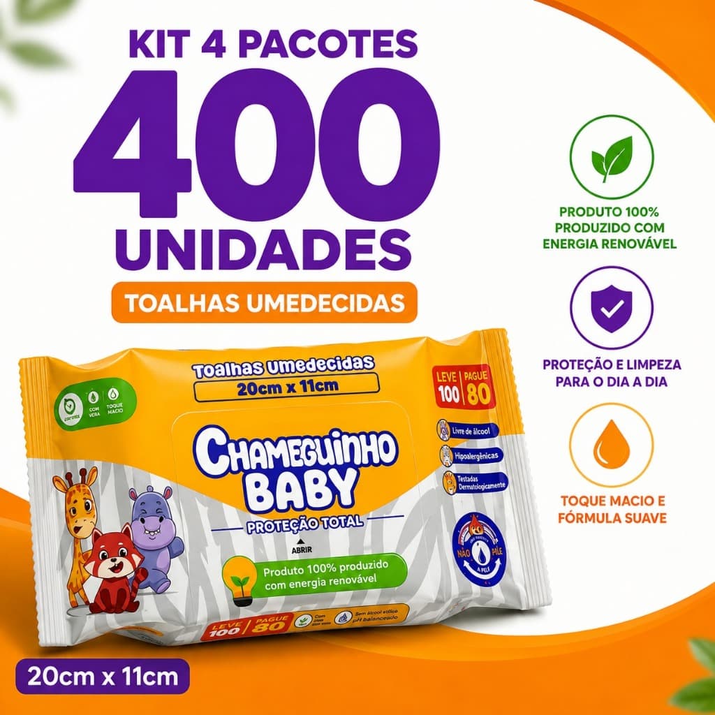 Kit Toalhas Umedecidas Chameguinho 400un Lenço Bebê Recém Nascido Menina Menino
