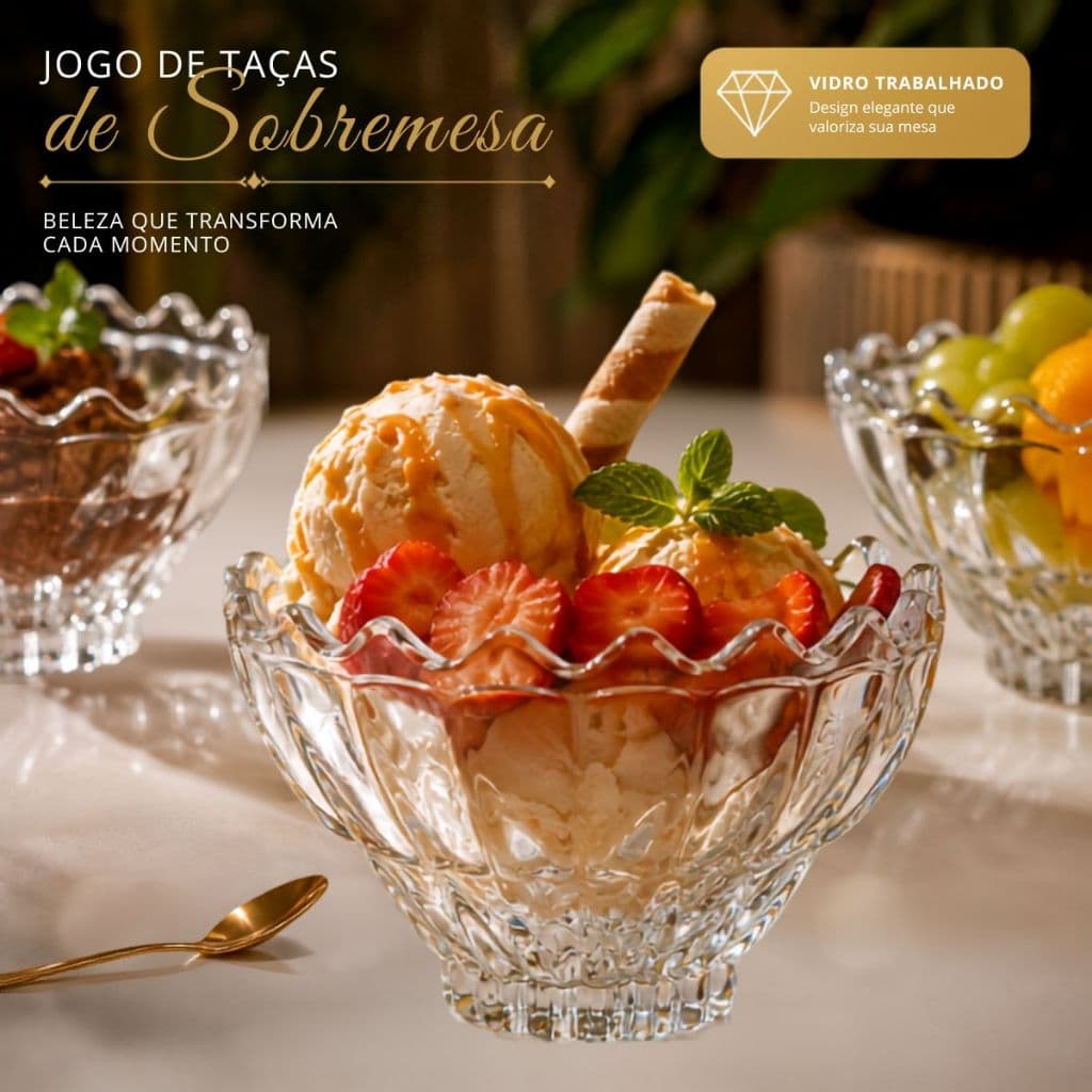 Jogo 6 Taças de Sobremesa Vidro Bowl Tigela Sorvete Doce Mesa Posta Luxo Fino Acabamento Elegante