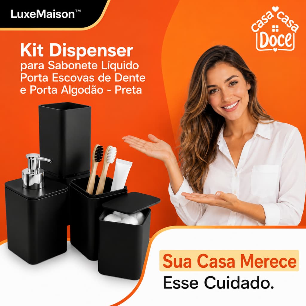 Kit Organizador Banheiro Dispenser Sabonete Líquido Porta Escova Dente Algodão Preto