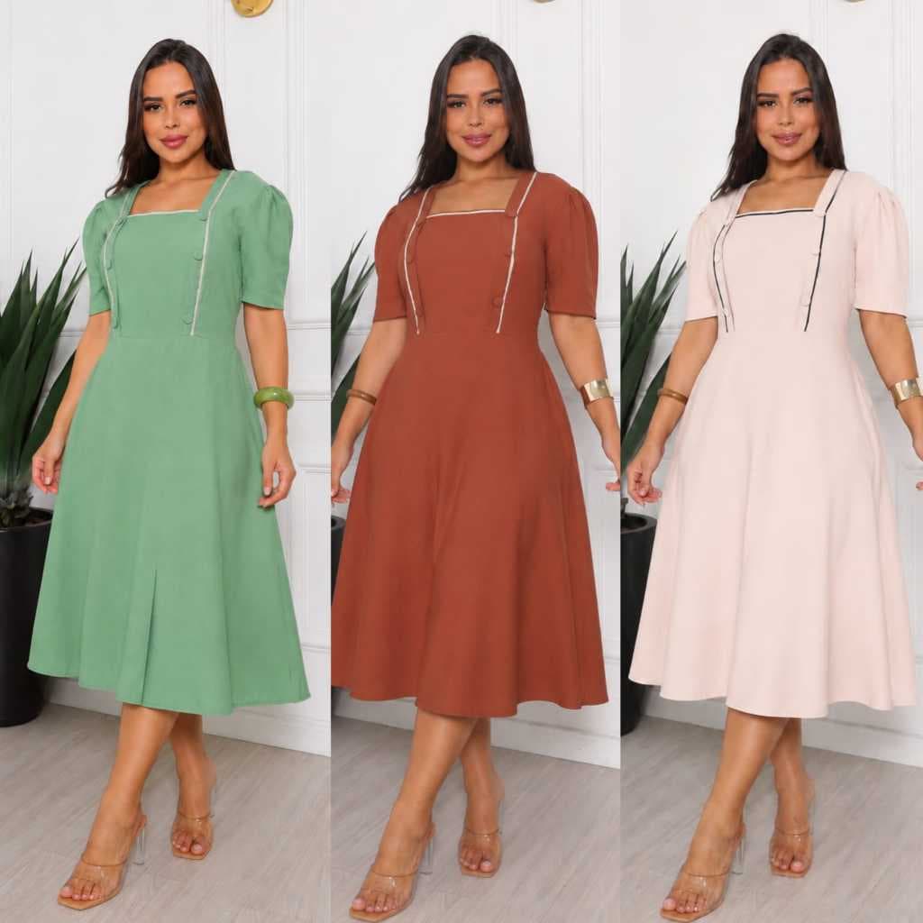vestido midi feminino tecido marrante tamanho G e GG elegante