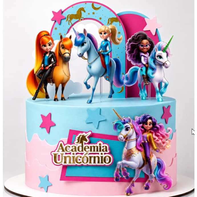Topo de Bolo Academia Unicórnio Personalizado 3D festa Unicórnio
