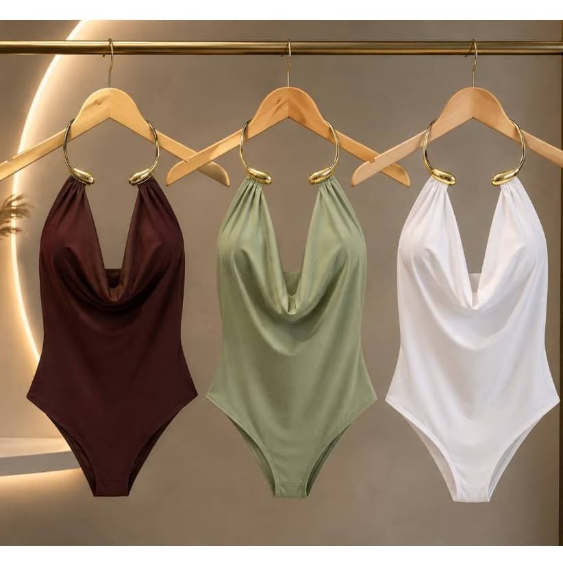Body Feminino Elegante Decote Drapeado Argola Luxo Suplex Premium Modela o Corpo Blogueira