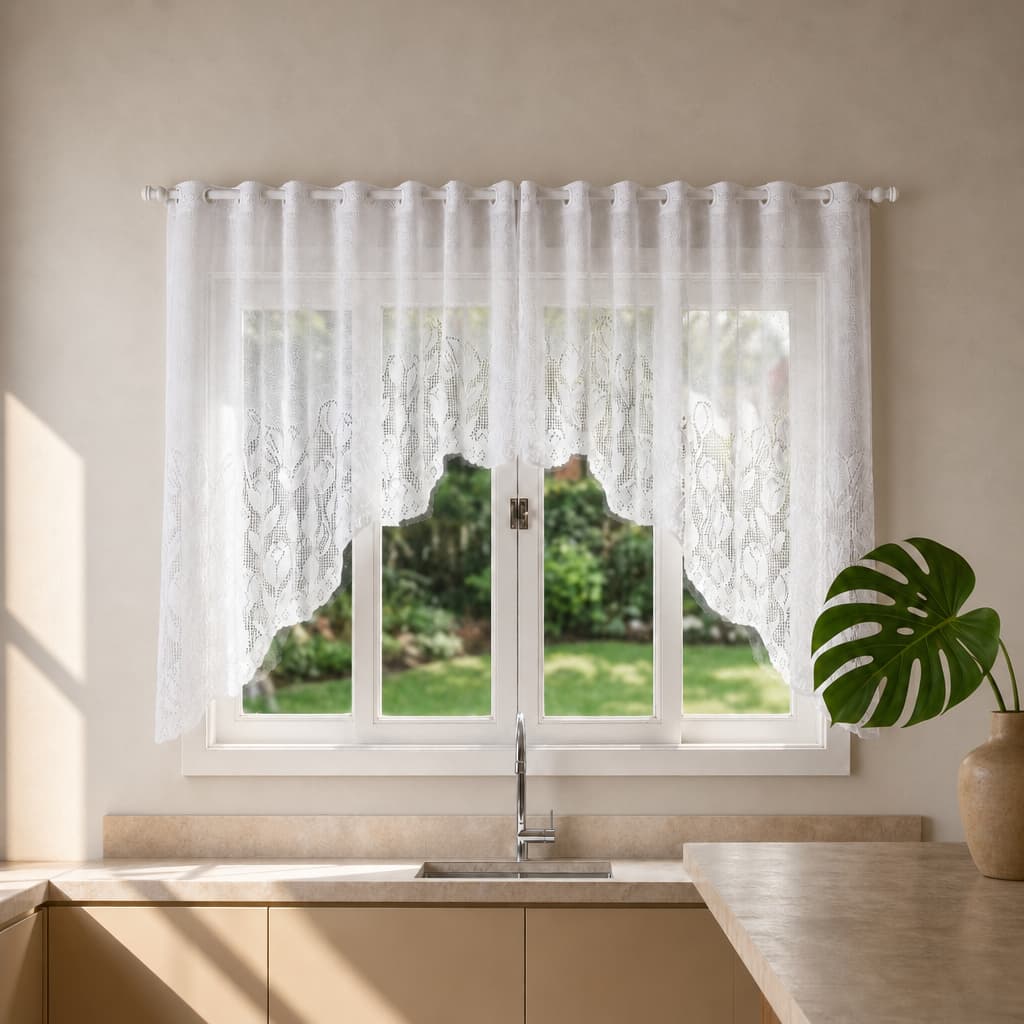 Cortina de Renda Cascata Tulipa Floral Assimétrica 3,00m x 1,00m para Cozinha Moderna  Luxuosa Elegante
