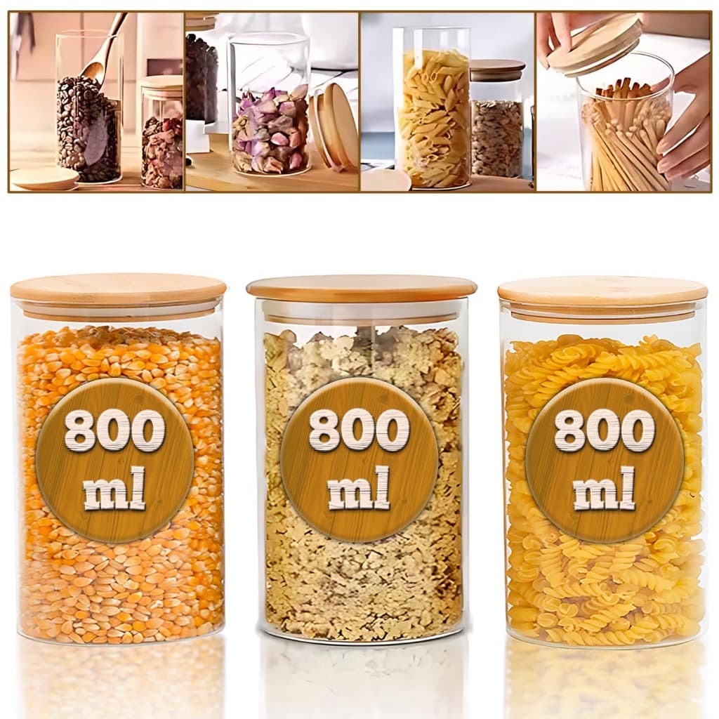 Kit 3 Potes de Vidro 800ml Porta Mantimento Frasco Hermético Tampa de Bambu Natural