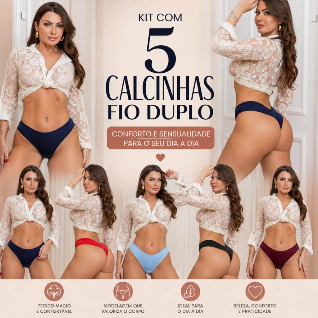 Kit com 05 calcinhas fio duplo microfibra