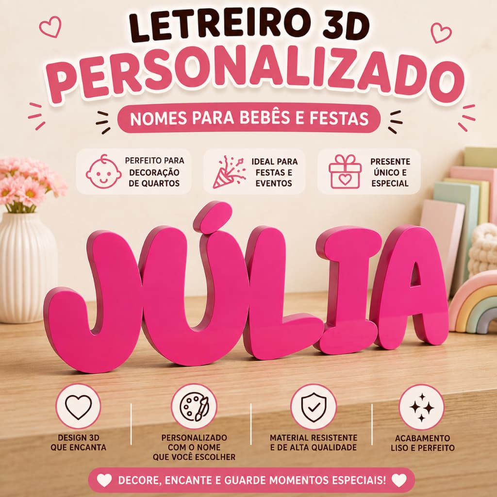 Letreiro 3D Decorativo Personalizado - Nomes para Bebês e Festas