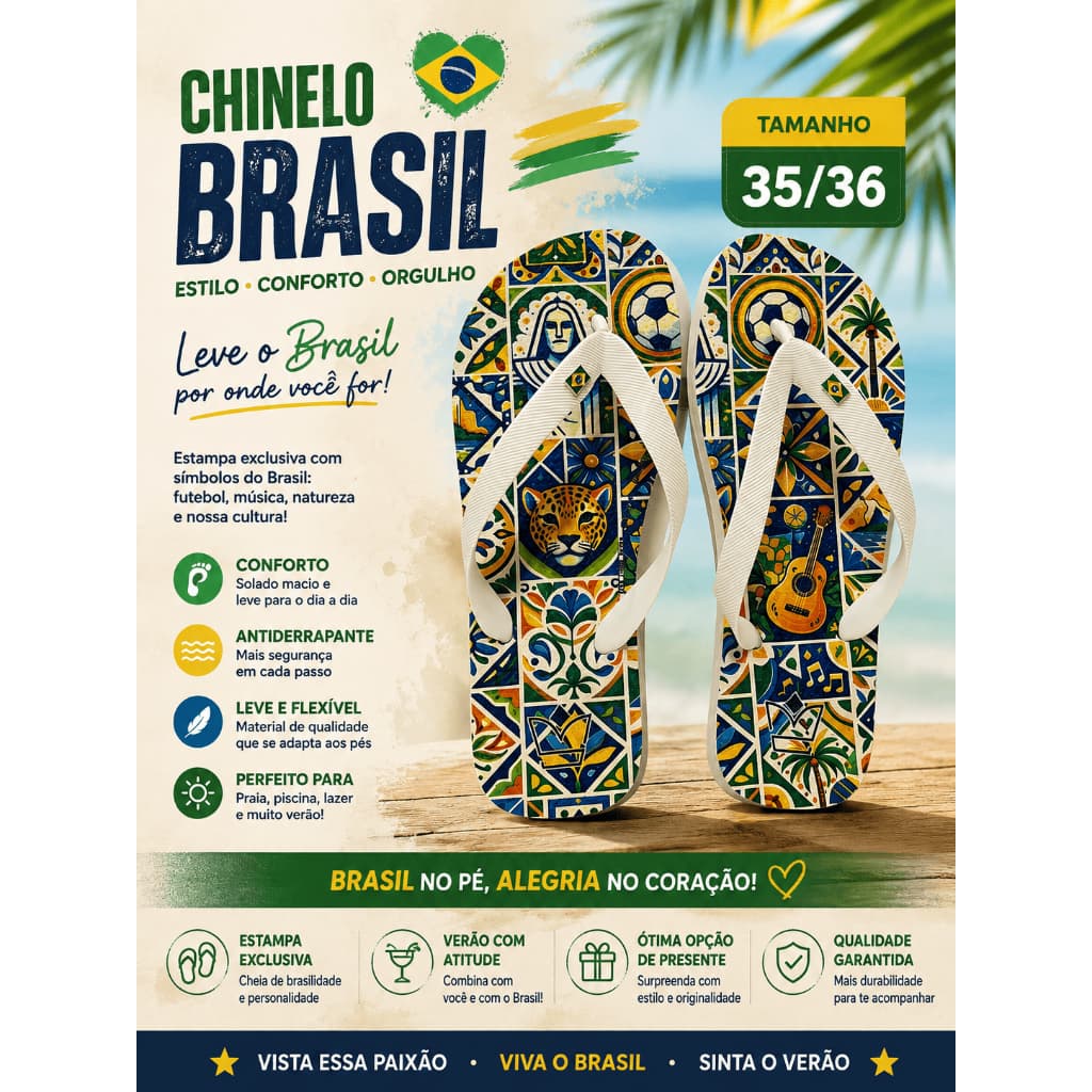 Chinelo Estampa Brasil Praia Verão Copa Caipirinha Conforto  TAMANHO: 35/36