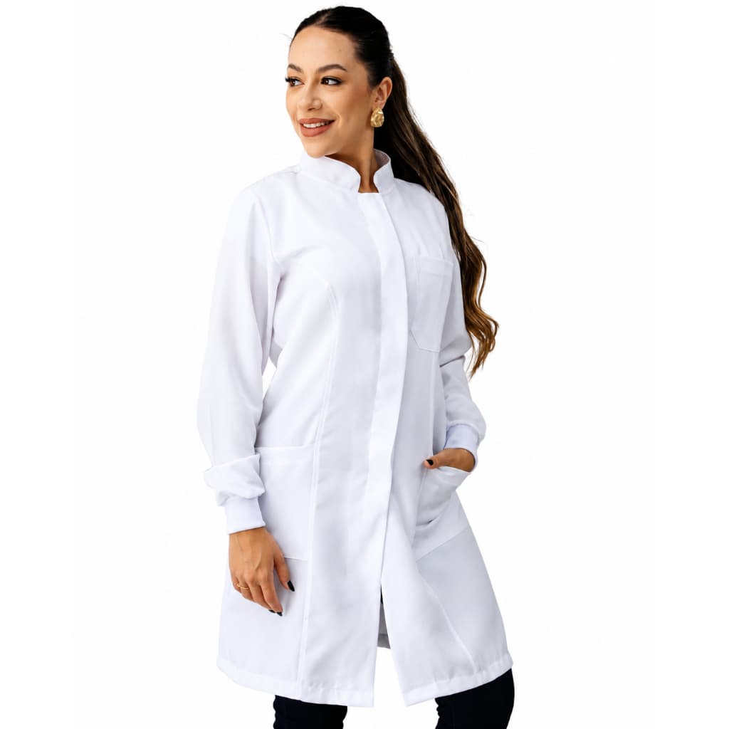 Jaleco Feminino Oxford Branco, Botão Embutido Com Punho Acinturado Dentista Acadêmica Avental