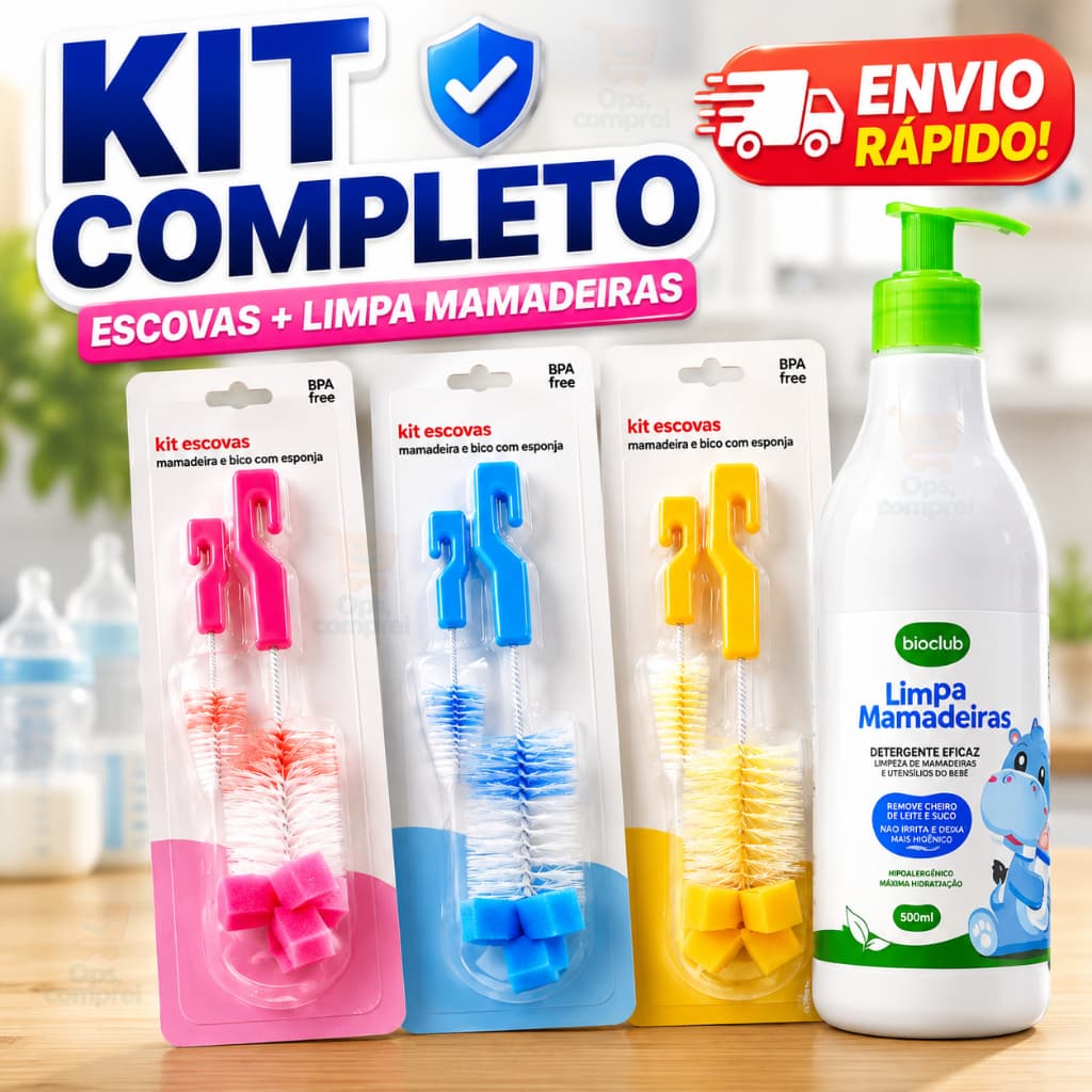 Kit Escova Mamadeira e Bico + Detergente 500 ml Lava Louça Copo Garrafa Multiuso Mãe