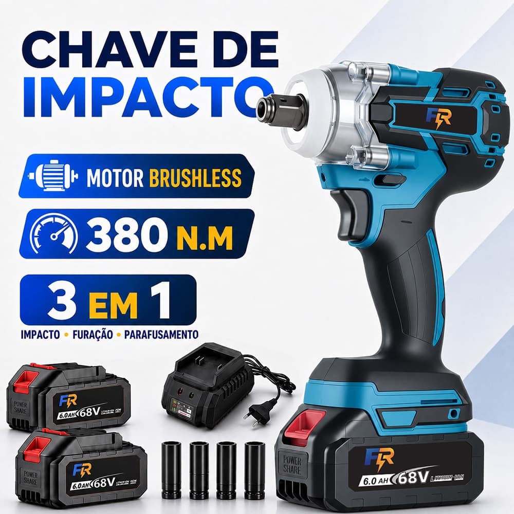 Chave de Impacto a Bateria 68V Brushless 3 EM 1 380Nm com 1 ou 2 Baterias, 4 Soquetes