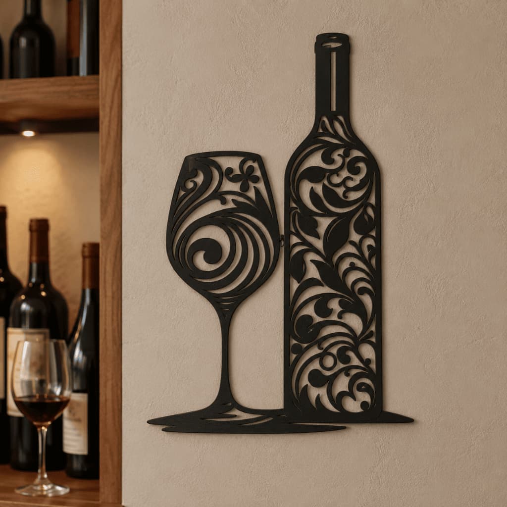 Quadro Decorativo em MDF Garrafa e Taça de Vinho para Adega e Cozinha