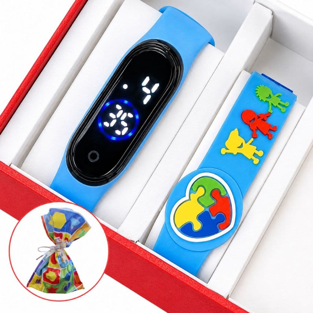 Kit Relógio Infantil Adulto Digital Led à prova D'água + Pulseira Silicone para Identificação Autismo Autista