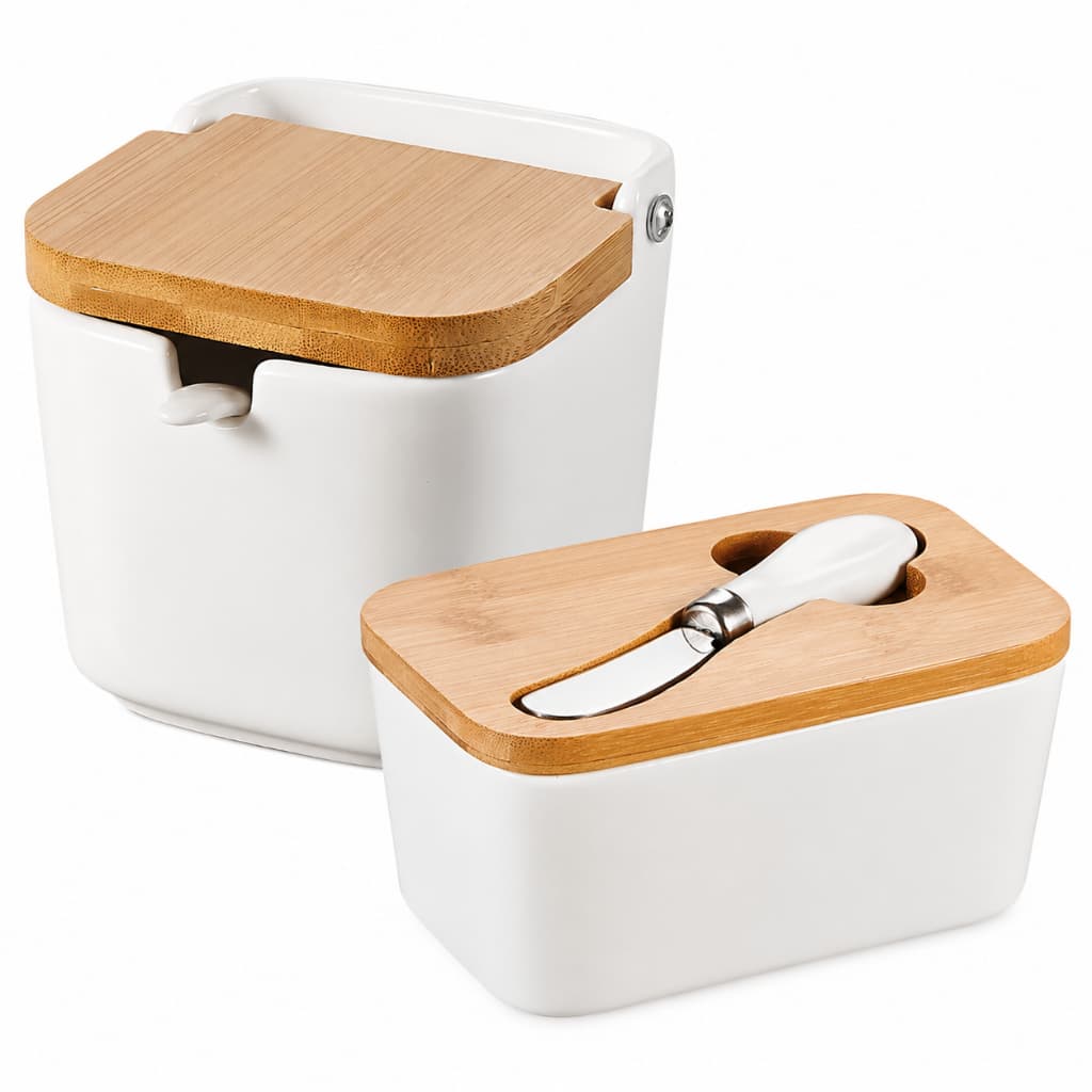 Kit Saleiro Branco com Tampa de Bambu e Colher + Manteigueira de Porcelana com Tampa de Bambu Hauskraft