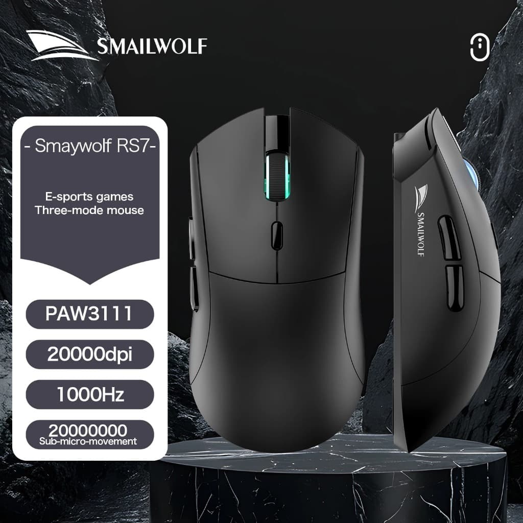 Mouse Gamer SMAILWOLF RS7 Bluetooth Sem Fio PAW3311 RGB Recarregável para PC Notebook