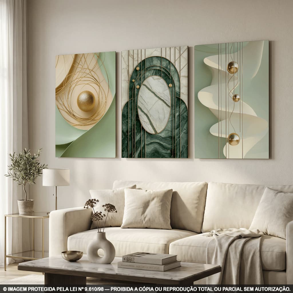 Quadros Decorativos Abstrato Verde Dourado Mármore Geométrico 3D Sala Moderna Luxo Elegante