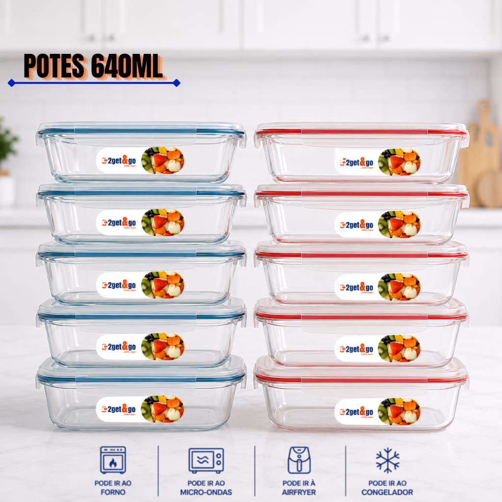 Kits Potes De Vidro Hermético 640ml Marmita Quadrado Fit Lanche Tampa 4 Travas