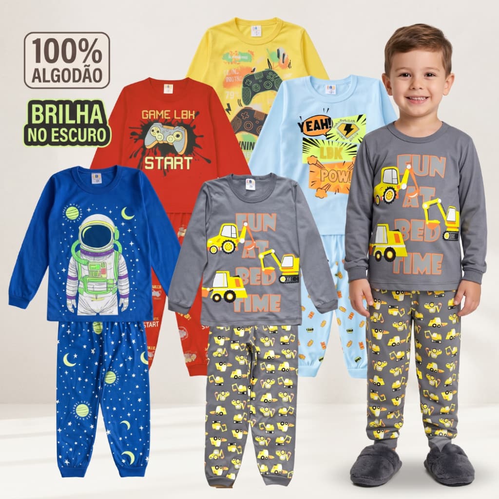 Kit 4 peças pijama infantil masculino 2 calças e 2 blusas conjunto de dormir manga longa frio menino inverno criança