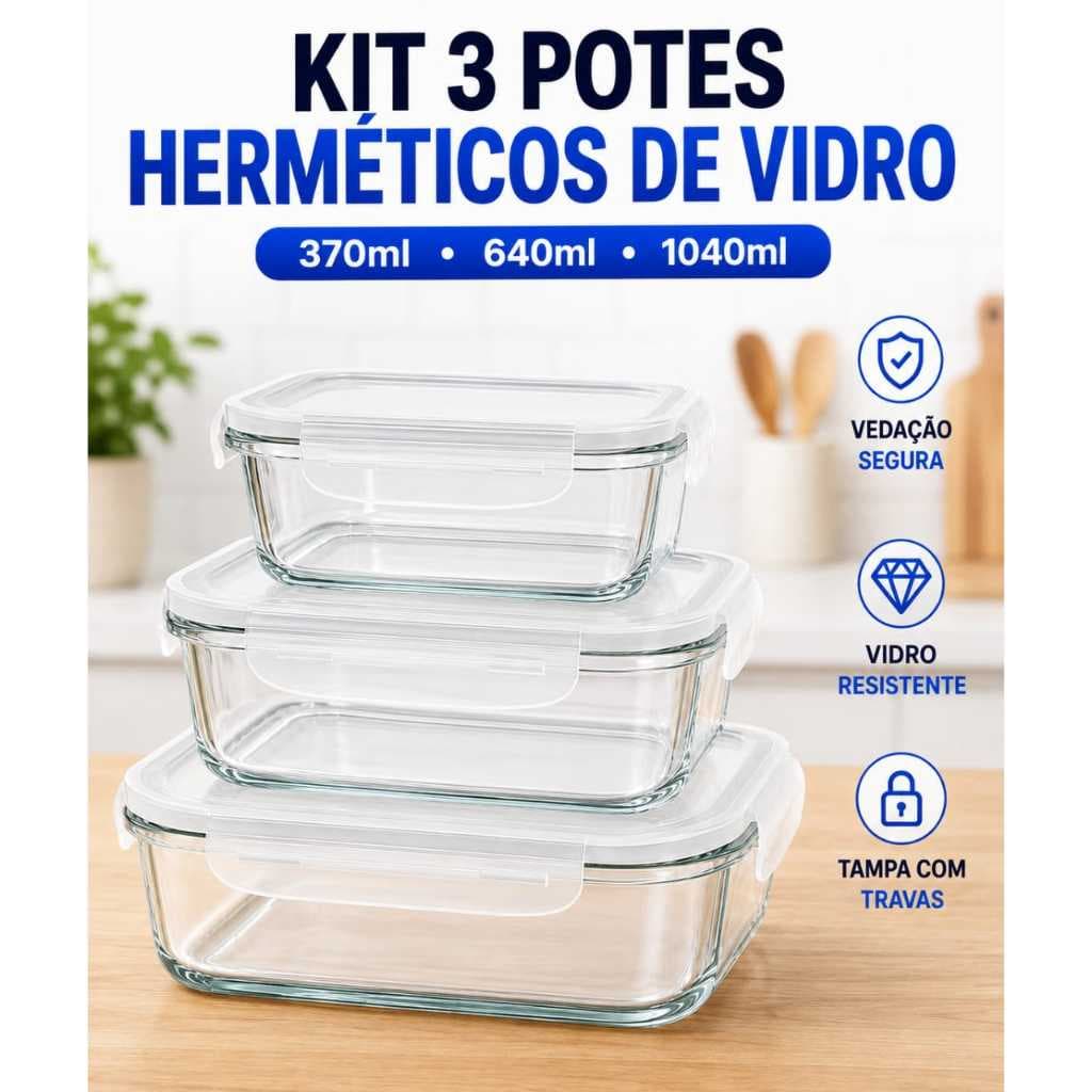 Kit 3 Potes De Vidro Temperado Herméticos Com Tampa Trava Alta Vedação 370ml 640ml 1040ml Armazenar Comida Fitness