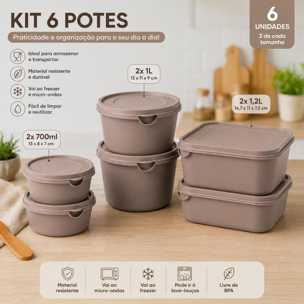 Kit Pote Hermético 6 Unidades BPA Free Organizador de Cozinha Potes para Mantimentos Micro-ondas Freezer Marrom Nude